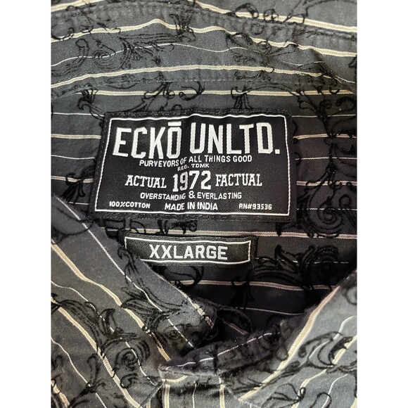 Ecko Unlimited Shirt Men's 2XL Black Emboss Design Long Sleeve Button Up Stripes - Picture 2 of 12